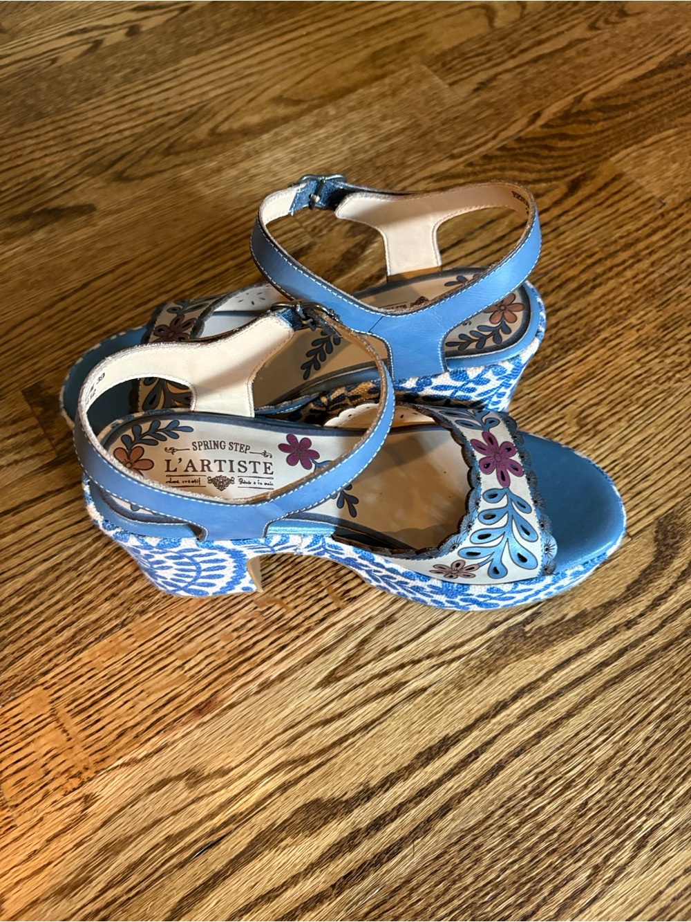 L'Artiste Blue Floral Patterned Wedge Sandals